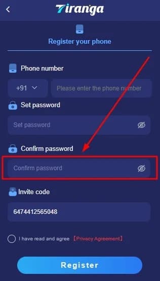 Tiranga Game Registration Confirm Password
